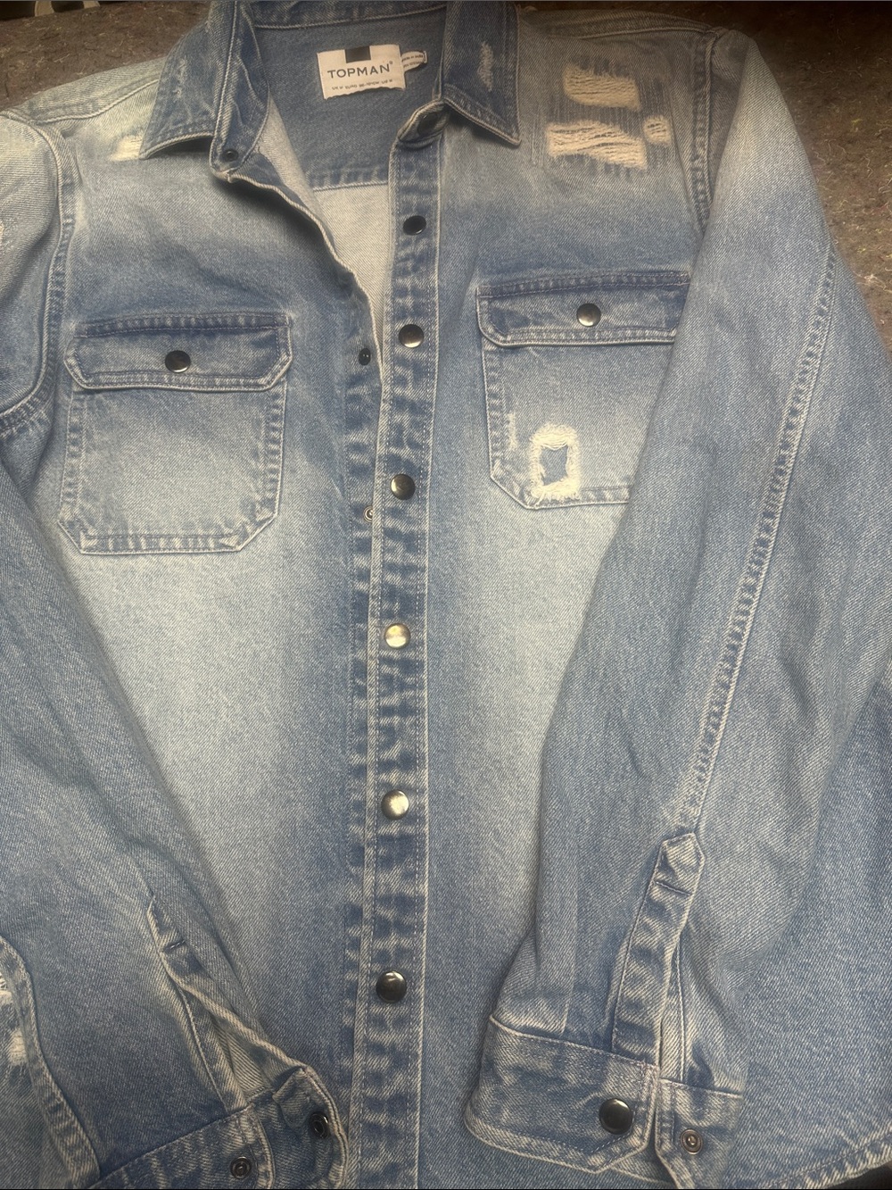 Topman Light Blue Distressed Denim Button-Down Shirt
